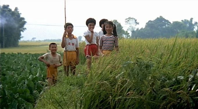 A Summer at Grandpa’s (1984) movie still: fullbody — A group of children stand on a dirt ridge separating green fields of rice. They gather on the…
