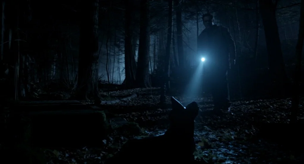 Mama (2013) movie still: wide — A dark night in a dense forest with tall trees and fallen leaves. A man shines a flashlight toward a silhouette of a…