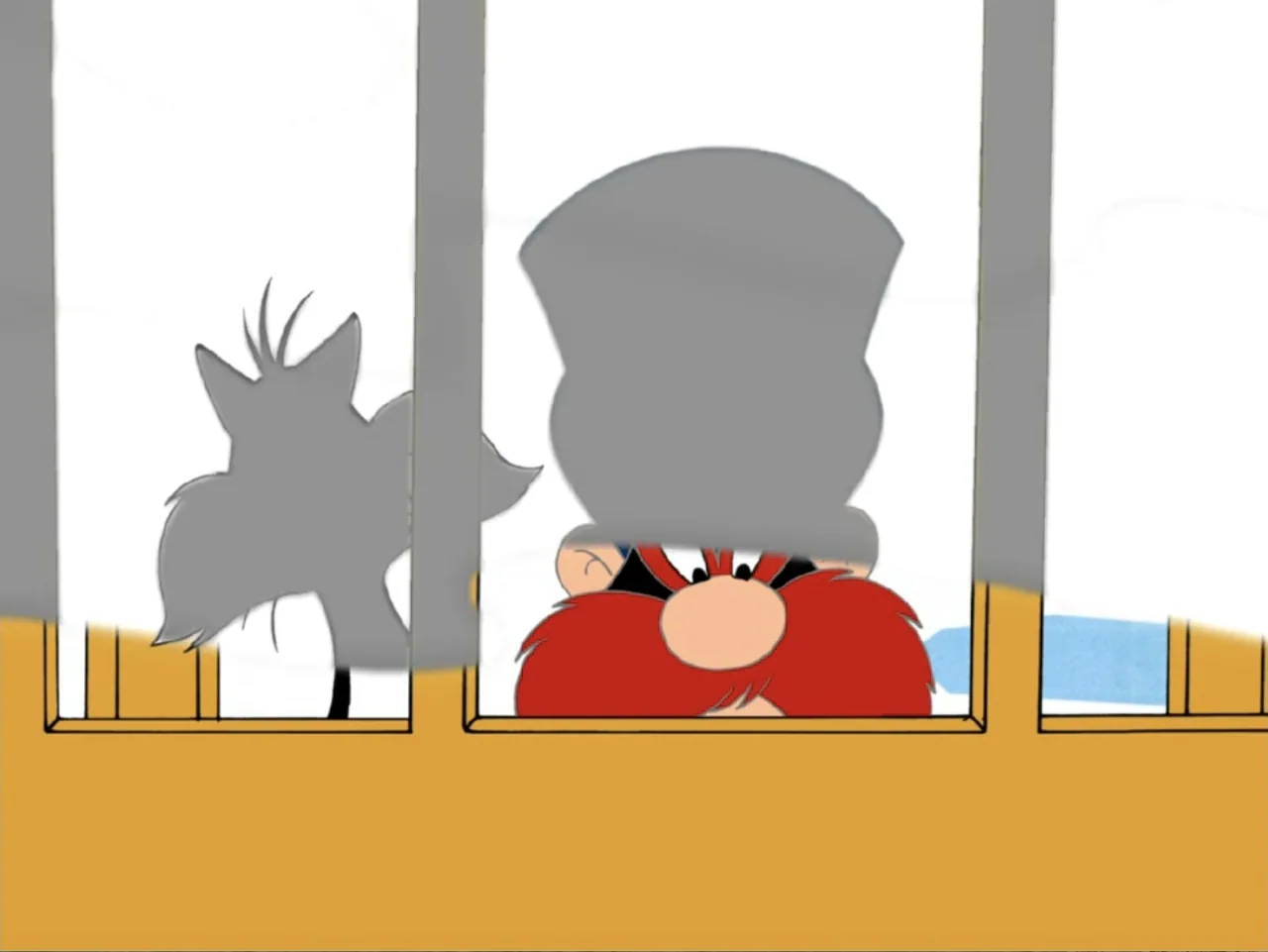 Tweety's High Flying Adventure (2000) movie still: medium — A cartoon character peers through a yellow window frame with partially drawn gray…