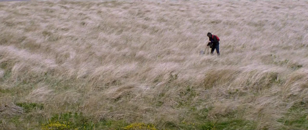 Silence (2012) movie still: wide — A vast, open field of tall, dry, pale grass stretches under an overcast sky. A lone person in dark clothing and a…