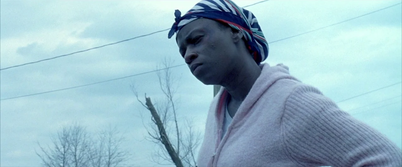 Ballast (2008) movie still: medium — An open field with bare, leafless trees and overhead power lines under a cloudy sky. A woman stands in the…