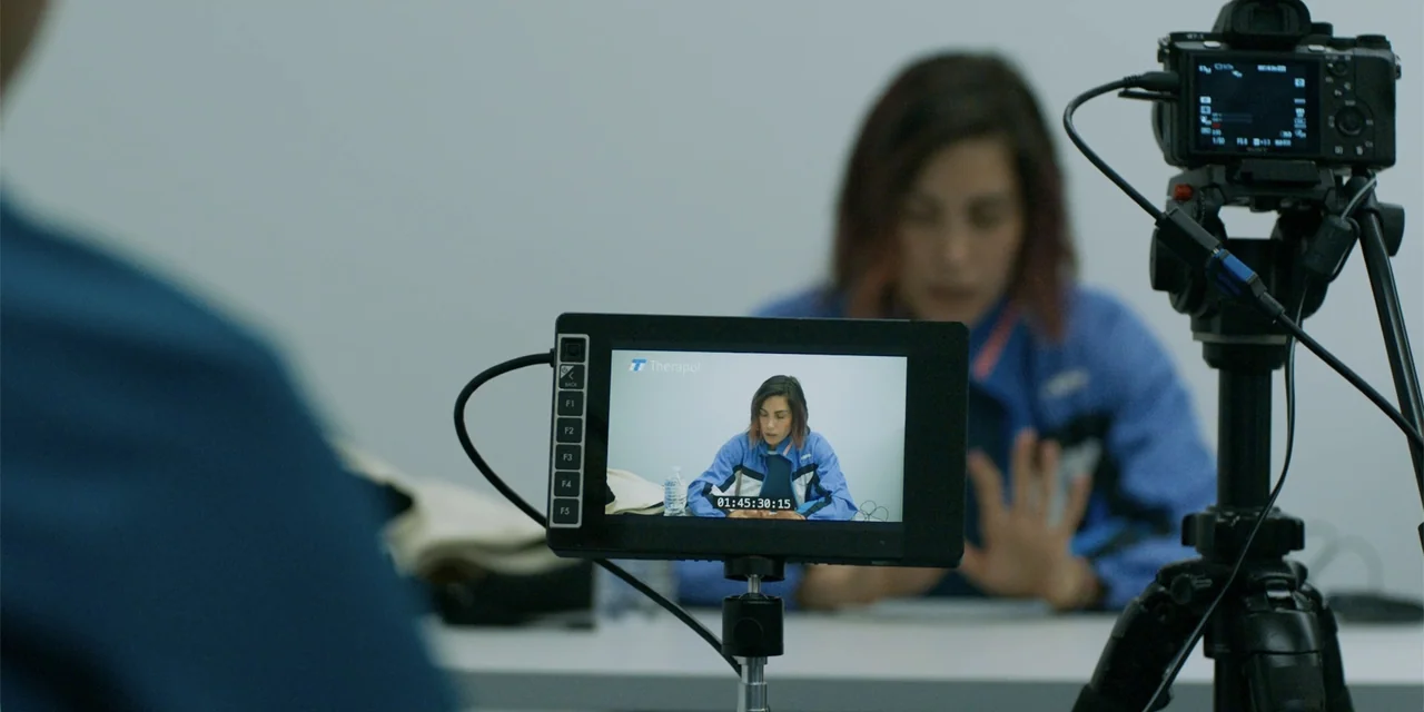 Demonic (2015) movie still: medium — A sterile room features a woman being recorded by a camera on a tripod. The digital monitor shows a live feed…