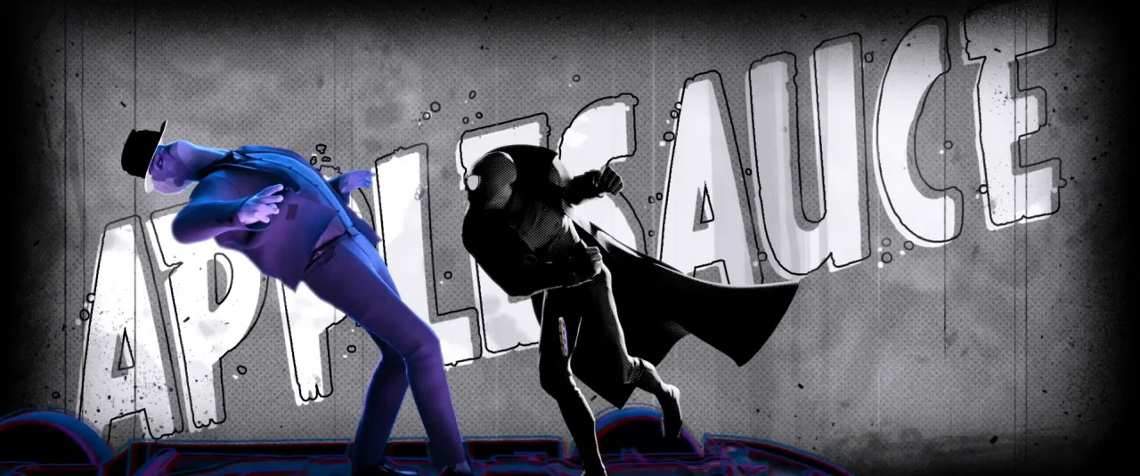 Spider-Man: Into the Spider-Verse (2018) movie still: fullbody — A stylized graphic background features the word APPLESAUCE in large block letters.…