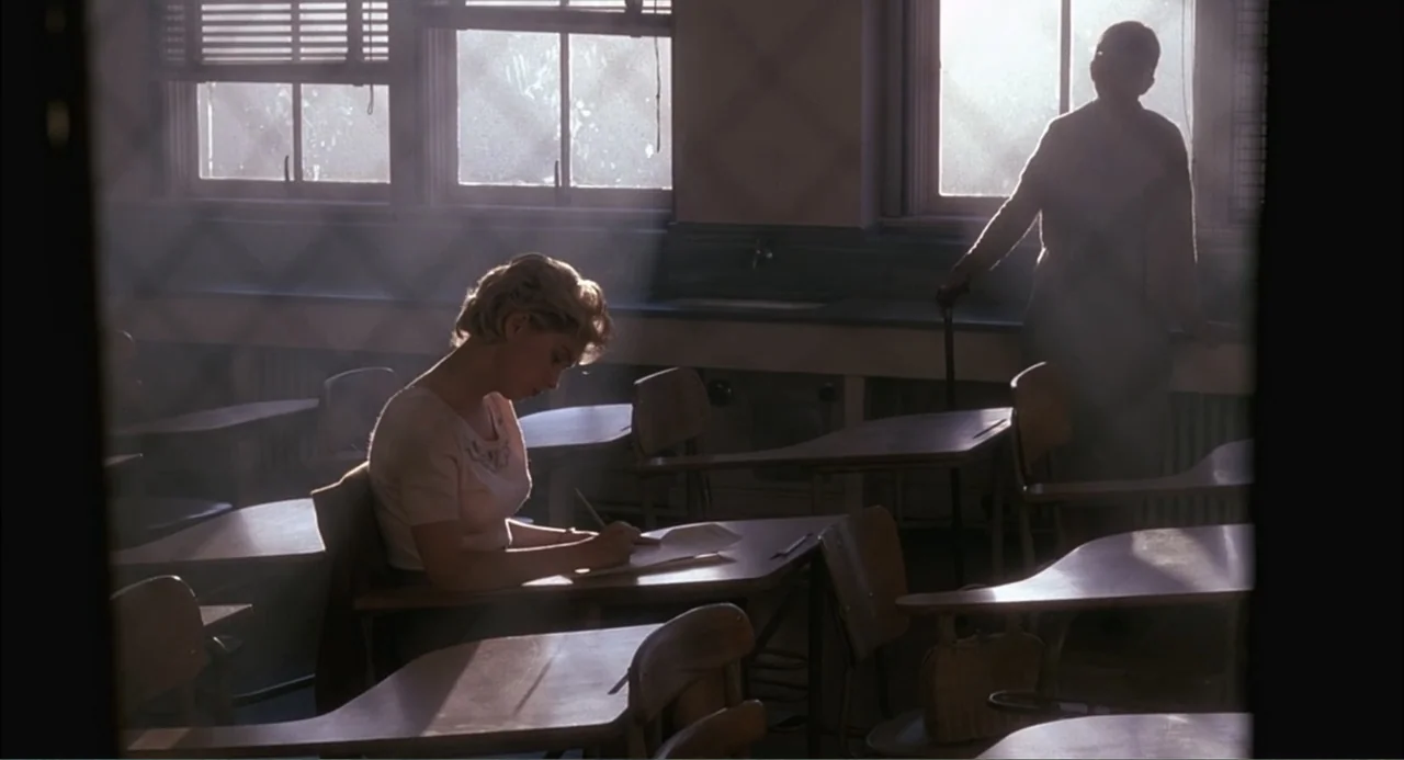 Wild Orchid II: Two Shades of Blue (1991) movie still: medium — A vintage school classroom features rows of wooden desks and large windows. A woman…
