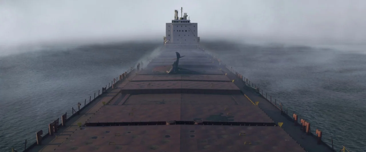 Resident Evil: Afterlife (2010) movie still: establishing — A long cargo ship deck extends toward the bridge surrounded by dense sea fog. A small…
