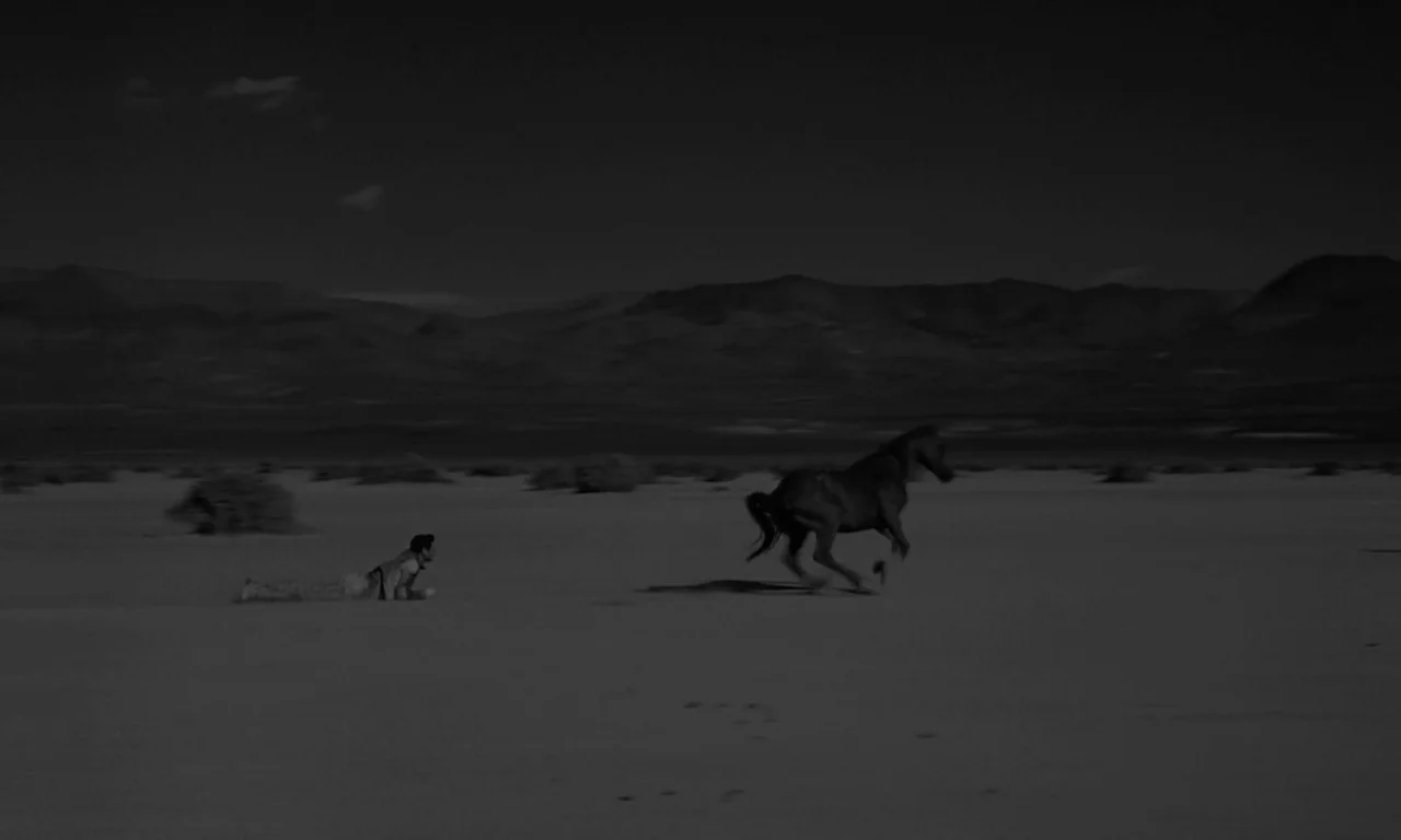 The Misfits (1961) movie still: wide — A desolate desert expanse under a bright sky with distant mountains on the horizon. A man lies on the sand as…