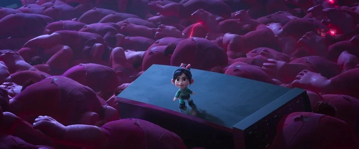 Ralph Breaks the Internet (2018) movie still: wide — A small girl stands atop a rectangular platform in a vast, dark digital space. She is…