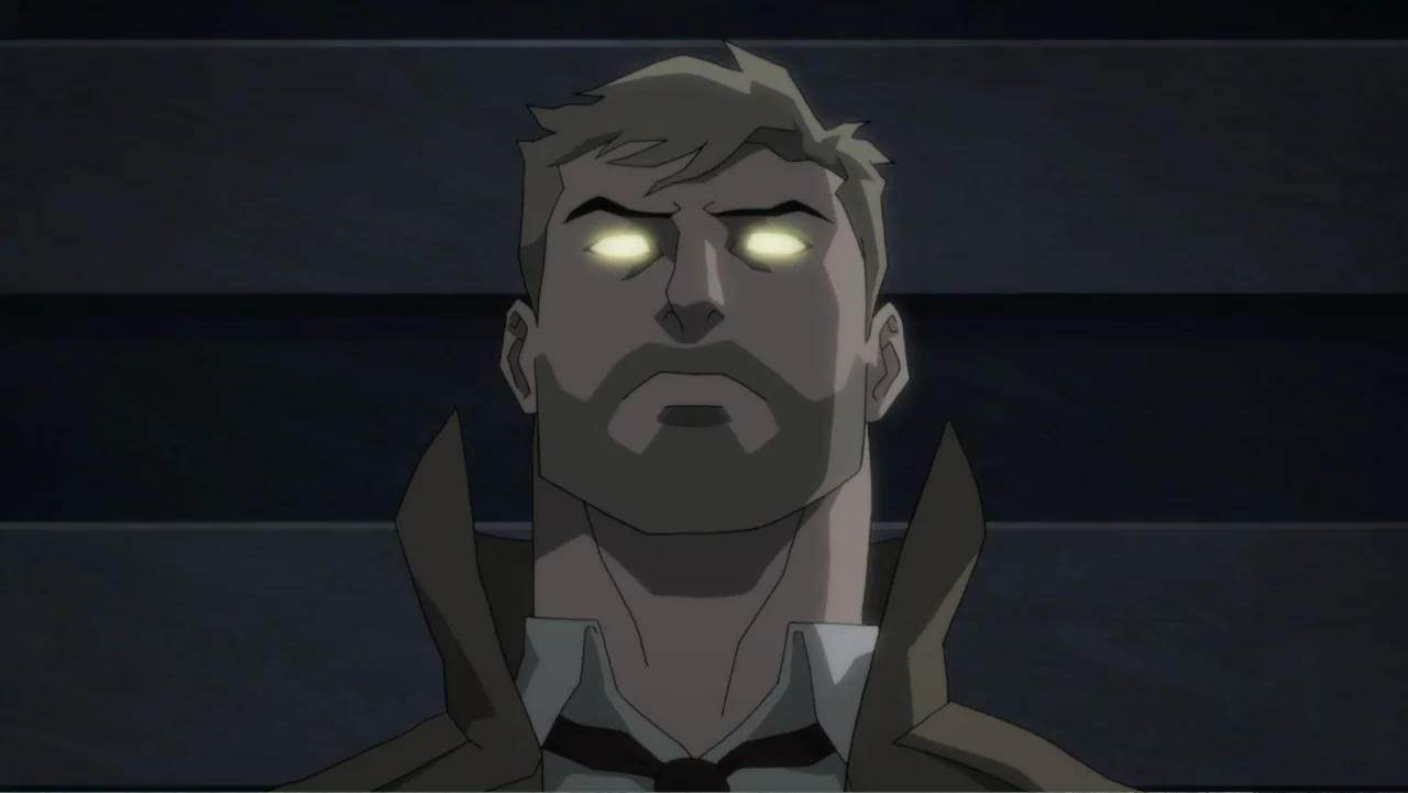 Justice League Dark: Apokolips War (2020) movie still: closeup — A dark indoor setting serves as the backdrop for a close-up portrait. A man with…