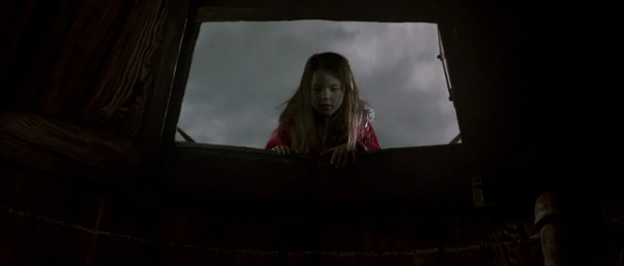 Dark Water (2005) movie still: medium — A dark, wooden attic space centers on a small rectangular window opening. A young girl in a red jacket leans…