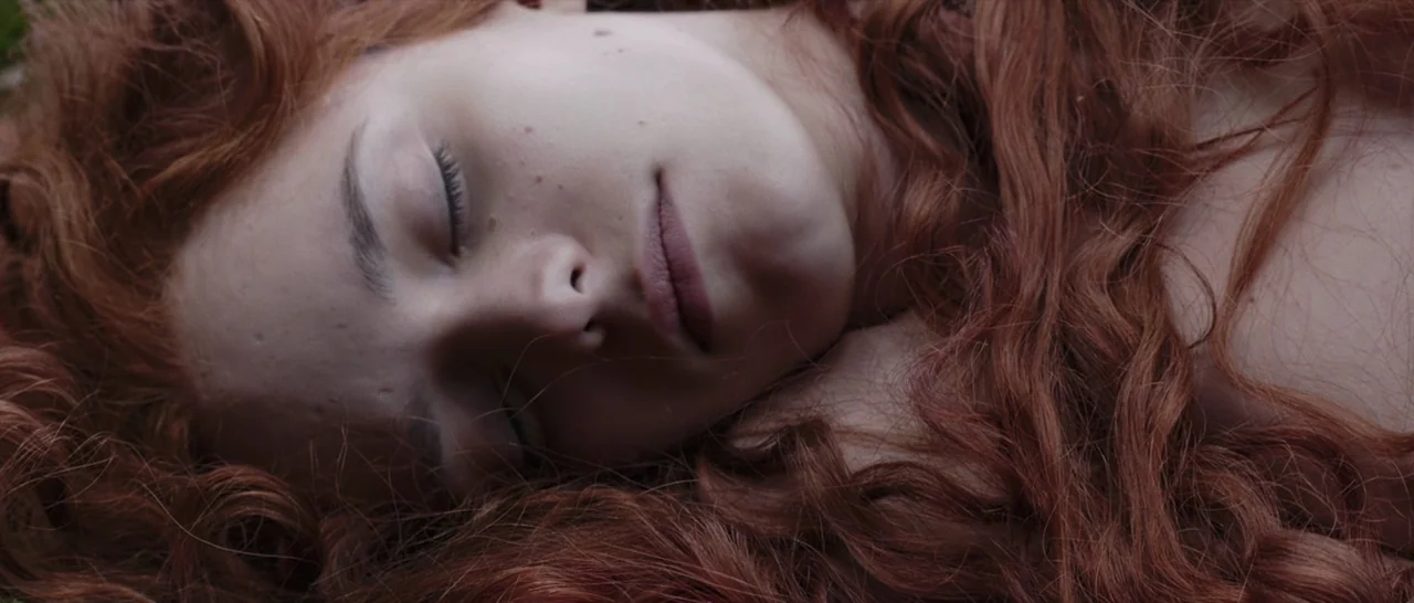 Tale of Tales (2015) movie still: closeup — An open field with soft light filtering over a person's resting face. A woman with thick auburn hair…