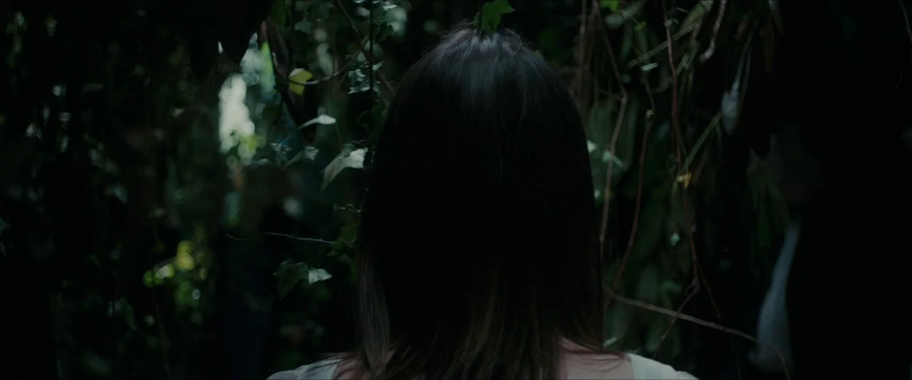 Fréwaka (2024) movie still: closeup — A person stands in a dark, overgrown space with dense greenery surrounding them. The frame is filled with…