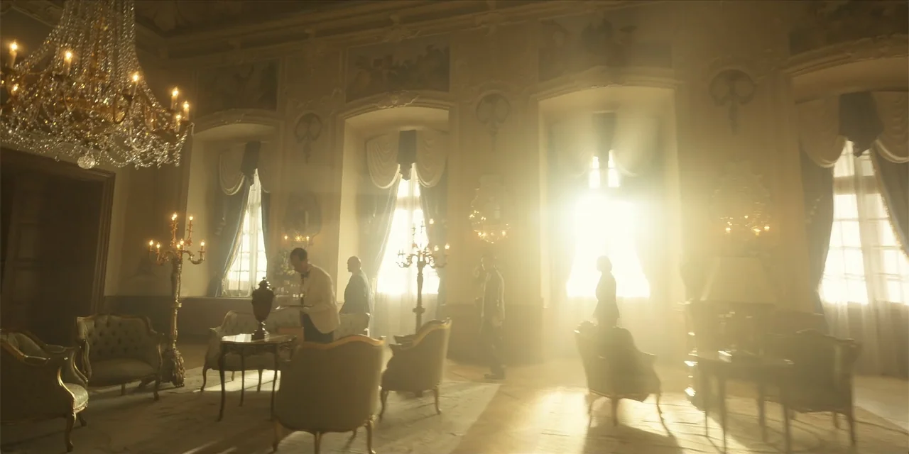 Oslo (2021) movie still: wide — A grand interior room with high ceilings features ornate wall paneling and sunlight streaming. Several individuals…