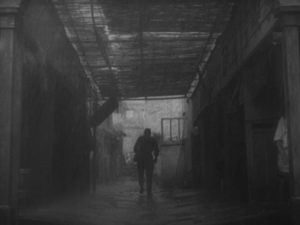 Stray Dog (1949) movie still: wide — A narrow corridor with a bamboo slatted roof and dark wooden vertical supports. A lone man walks away from the…