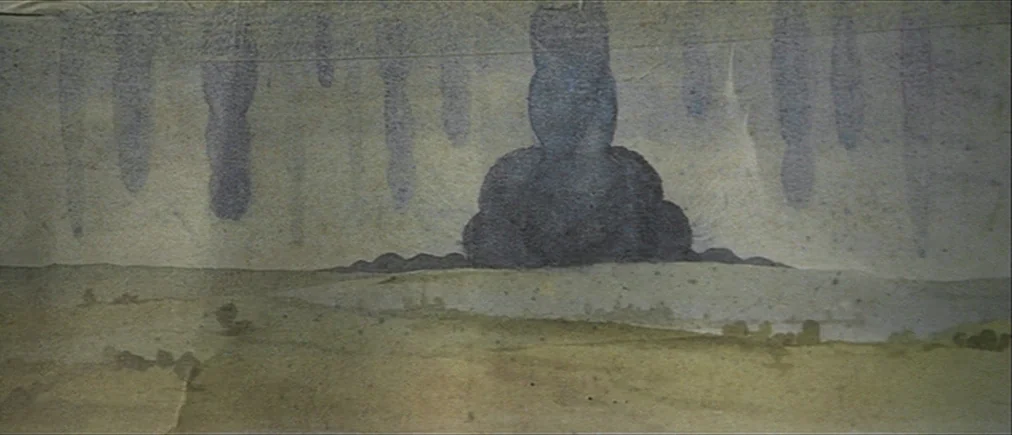 Time Of The Wolf (2003) movie still: wide — A watercolor painting depicts a desolate landscape under an overcast and stylized sky. Large dark,…