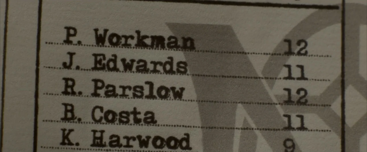 The Golden Compass (2007) movie still: closeup — A close-up view of a printed list on white paper with dotted separator lines. The text displays a…
