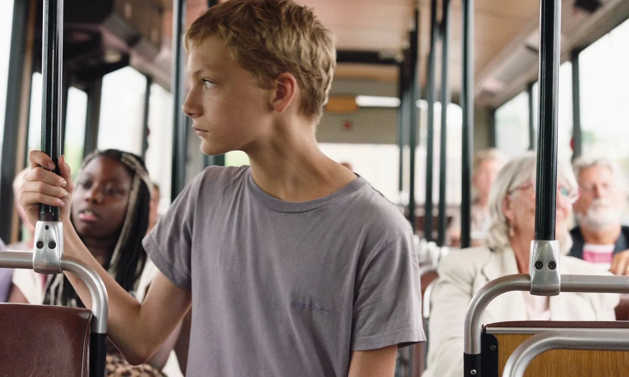 Close (2022) movie still: medium — A bus interior with rows of seats and vertical grab bars. A young boy holds onto a handrail while glancing away…