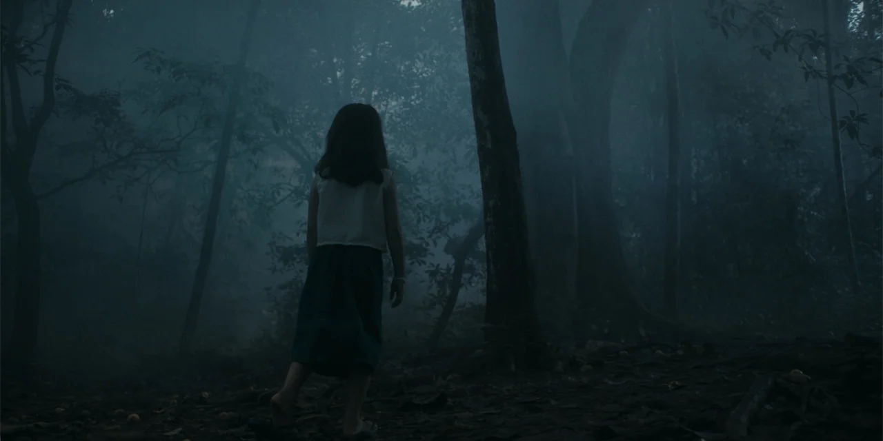 Host (2020) movie still: fullbody — A dense, fog-filled forest environment features tall silhouettes of trees and dark undergrowth. A young girl in…