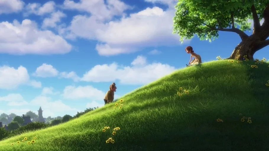 The Pixar Story (2007) movie still: wide — A bright green, sunlit grassy hill rises toward a large leafy tree. Two small figures stand at different…