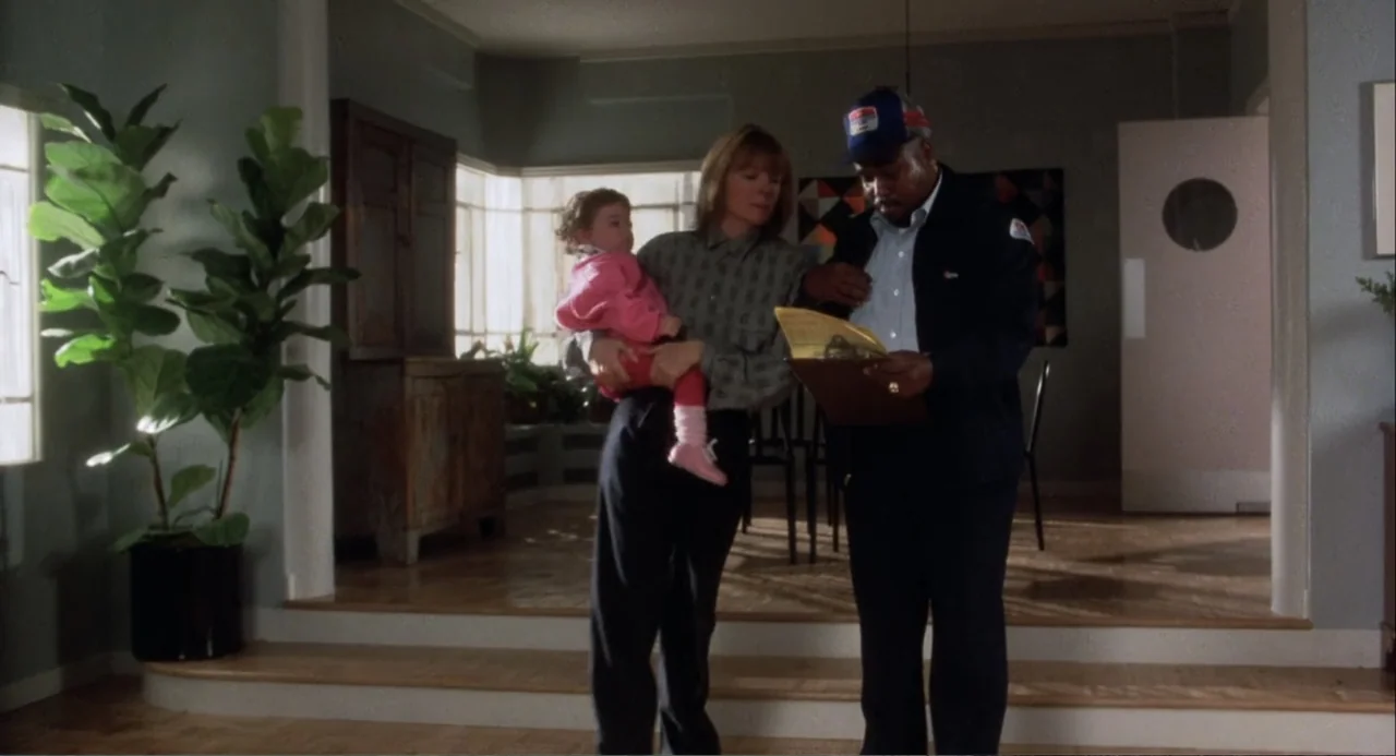 Baby Boom (1987) movie still: fullbody — A split-level home interior features hardwood flooring and a large potted plant. A woman carrying a small…