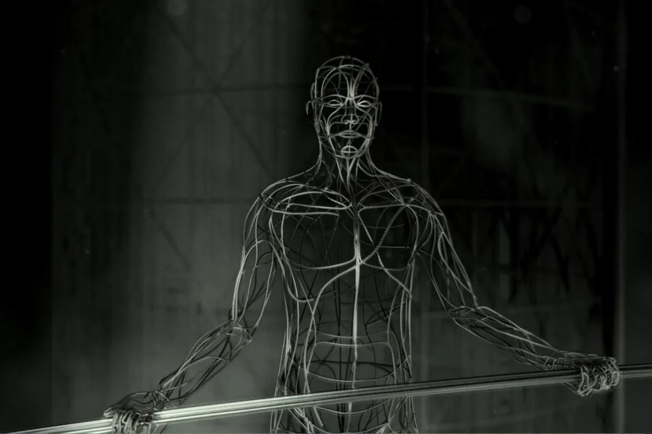 Cross the Line (2020) movie still: medium — A dark, nondescript interior space contains a single humanoid figure composed of silver wires. The…