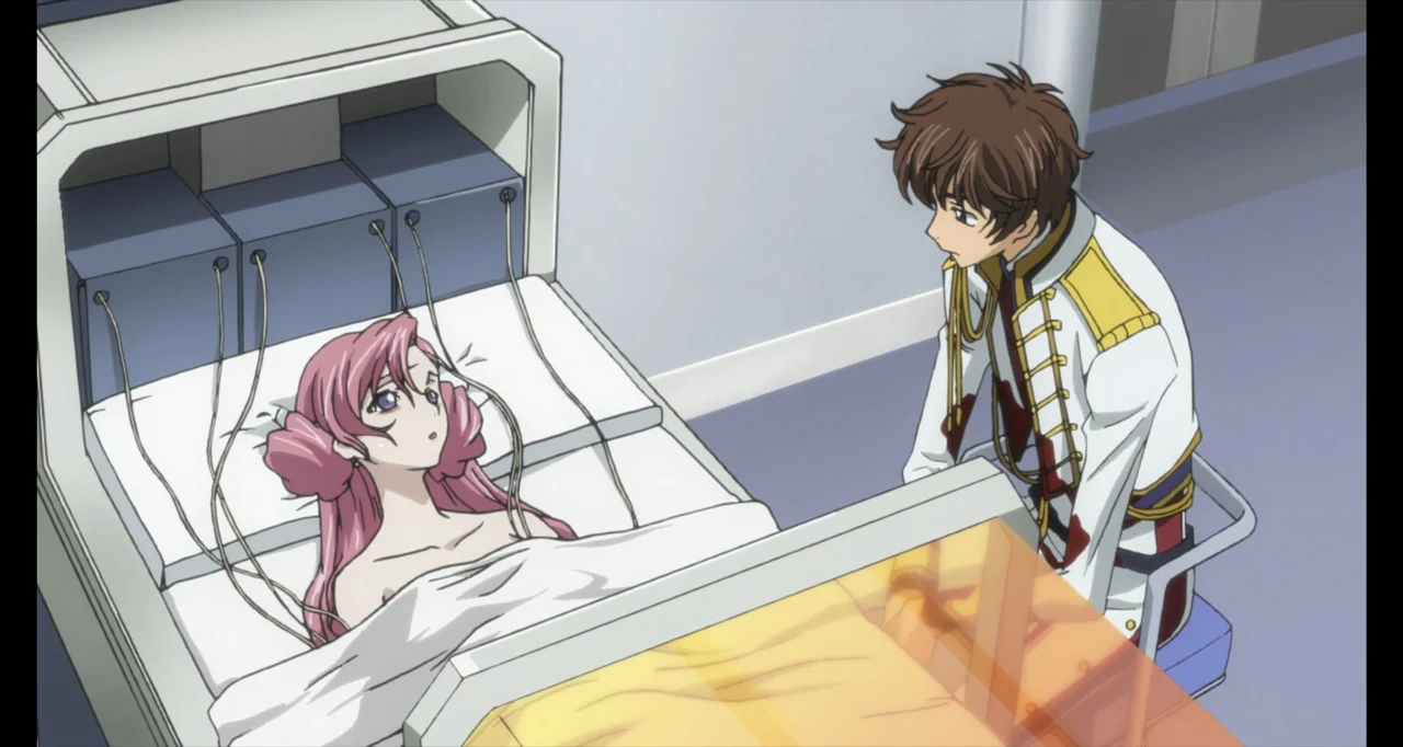 Code Geass: Lelouch of the Rebellion III - Glorification (2018) movie still: medium — A clinical medical environment contains a bed with complex…