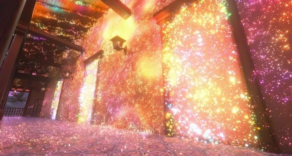 Encanto (2021) movie still: wide — A long interior hallway features textured walls illuminated by intense, glittering particles of colored light.…