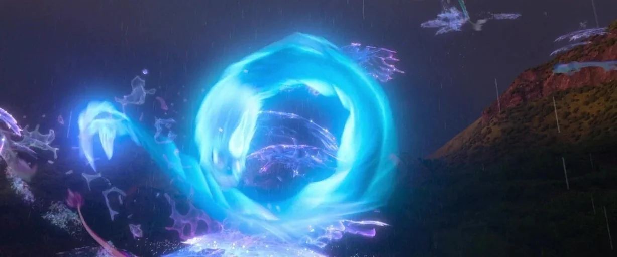 Raya and the Last Dragon (2021) movie still: wide — A dark, hilly landscape sits under a night sky with falling rain. Glowing blue and purple energy…