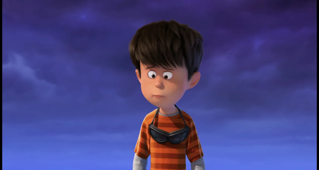 The Lorax (2012) movie still: medium — A cartoon boy stands against a vast, dark, purplish night sky. The boy looks down at the ground with a…