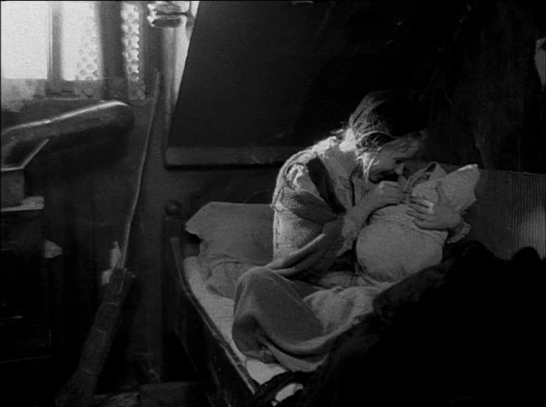 My 20th Century (1989) movie still: medium — A dimly lit room contains a bed where a woman holds a swaddled baby. The window to the left provides a…
