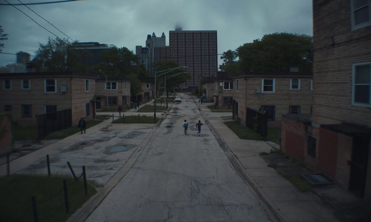 We Grown Now (2023) movie still: wide — A residential street with low-rise brick housing projects stretches toward a distant tall apartment…