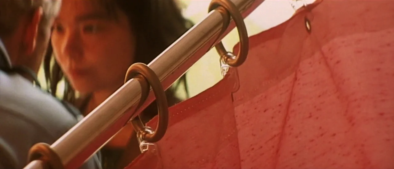 Dancer in the Dark (2000) movie still: closeup — A bathroom features a metallic rod holding a bright pink textured shower curtain. A woman looks at…