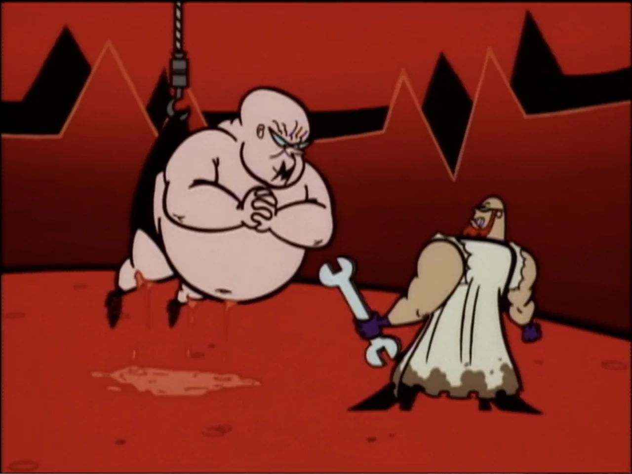 Dexter's Laboratory: Ego Trip (1999) movie still: medium — A stylized red room features a bald figure suspended by a metal crane hook. Another…