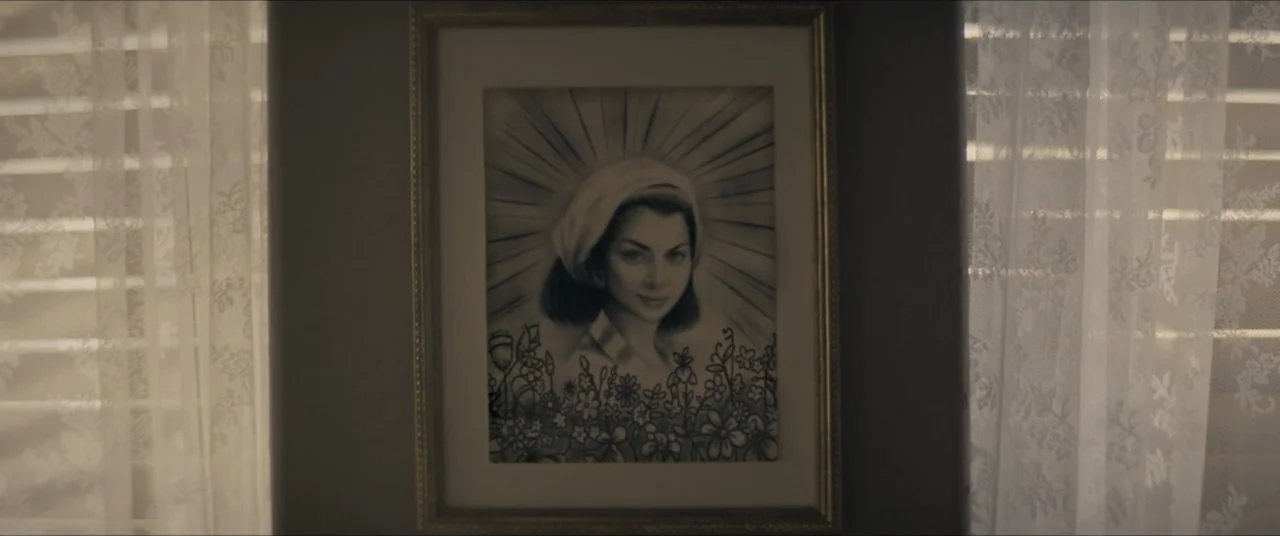 Bau, Artist at War (2025) movie still: closeup — A framed charcoal sketch of a woman hangs on an interior residential wall. Sheer white curtains…