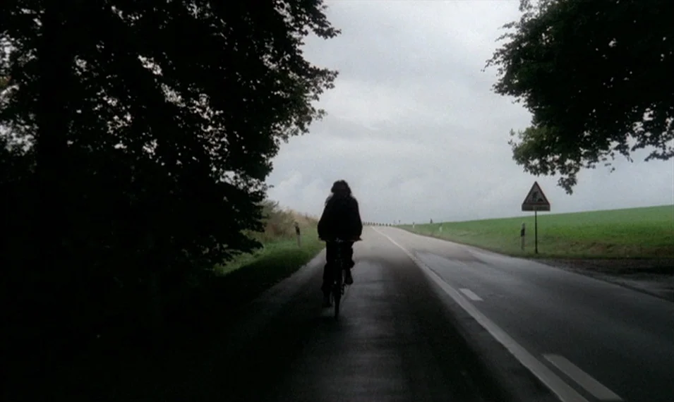Every Man for Himself (1980) movie still: wide — A rural paved road stretches toward the horizon between thick tree lines and fields. A lone cyclist…