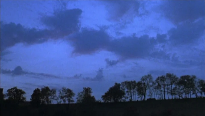 Highway 61 (1991) movie still: establishing — A dark field is silhouetted against a deep blue, cloud-filled twilight sky. A row of trees stretches…