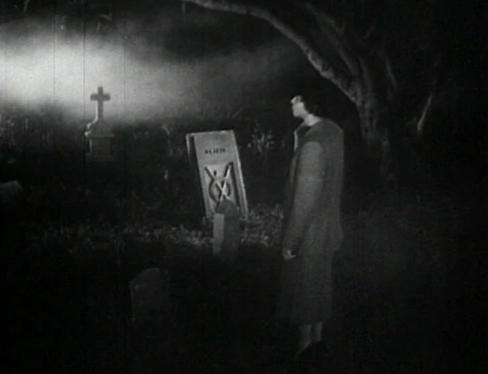 Dementia (Daughter of Horror) (1955) movie still: medium — A night scene in a graveyard with dense fog and dark tree branches overhead. A woman in a…