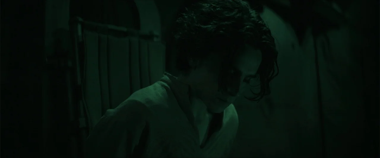 Dune (2021) movie still: closeup — A dimly lit interior space is bathed in a monochrome green glow. A young man with wavy dark hair sits quietly…