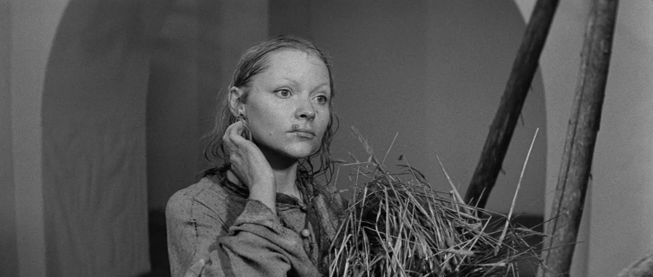 Andrei Rublev (1966) movie still: medium — A dark stone-walled interior with arched openings provides a muted background for the subject. A young…