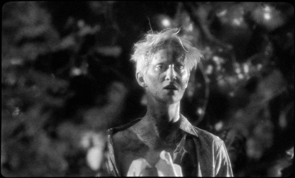 The Wild Boys (2017) movie still: medium — A dense patch of trees is visible in the blurry dark background at night. A young man with a dirty face…
