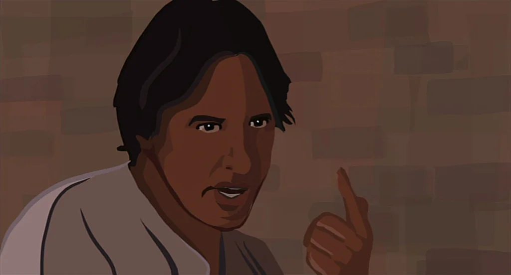 Waking Life (2001) movie still: closeup — A man stands before a simple, flat-colored brown brick wall background. He holds his right index finger…