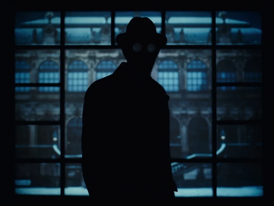 The Grand Budapest Hotel (2014) movie still: medium — A dark indoor space overlooks an exterior building through a multi-paned window at night. A…
