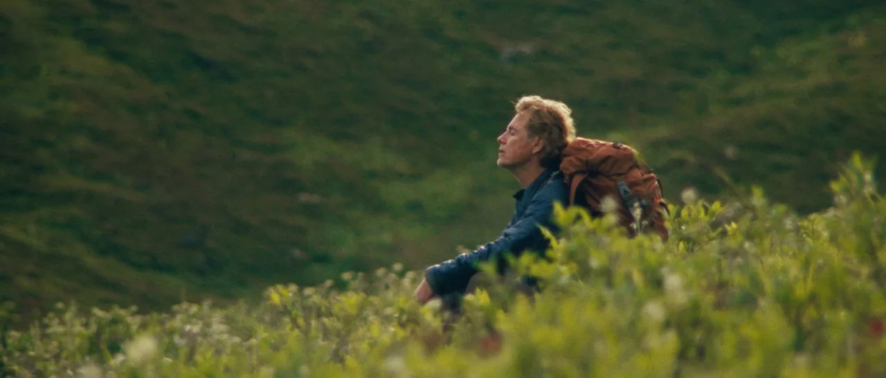 Wildlike (2014) movie still: medium — A man sits among thick, green mountain vegetation in a grassy hillside landscape. The individual faces to the…