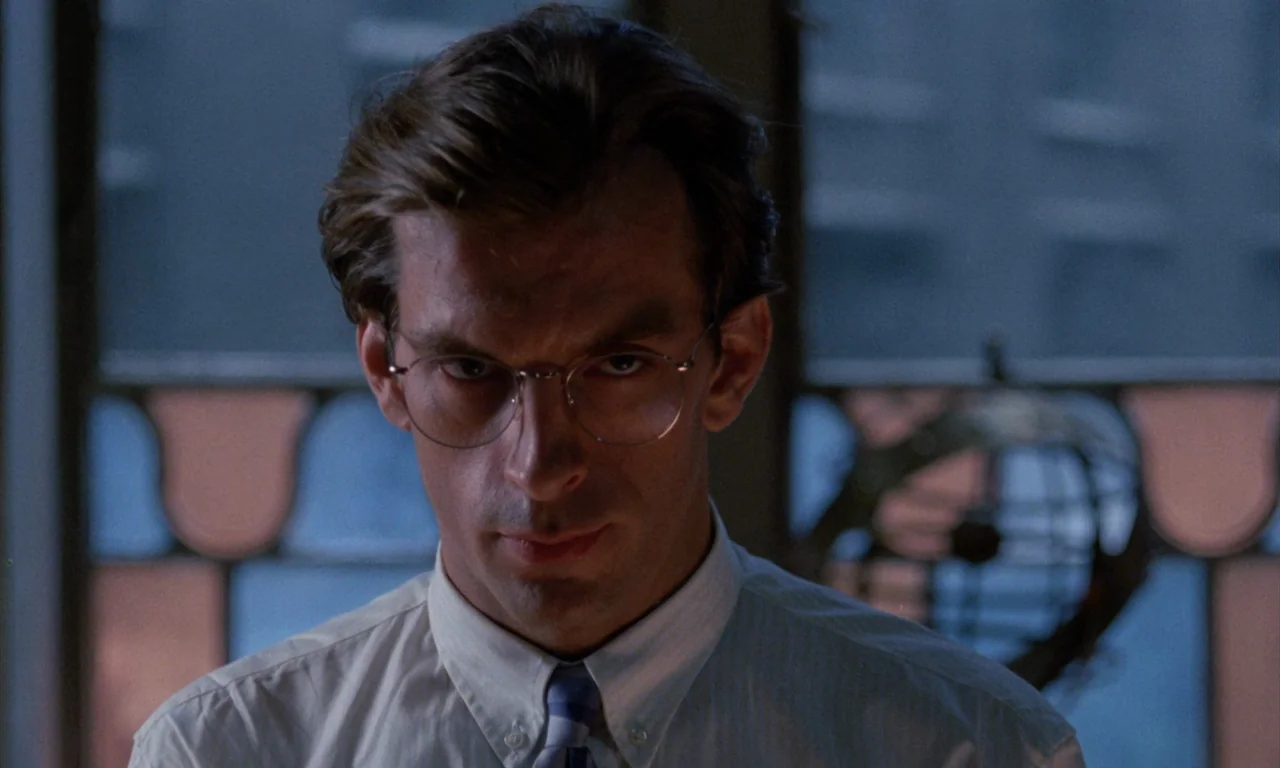 The Church (1989) movie still: closeup — A man in a dress shirt sits indoors at night in front of a window. He looks directly at the camera while…