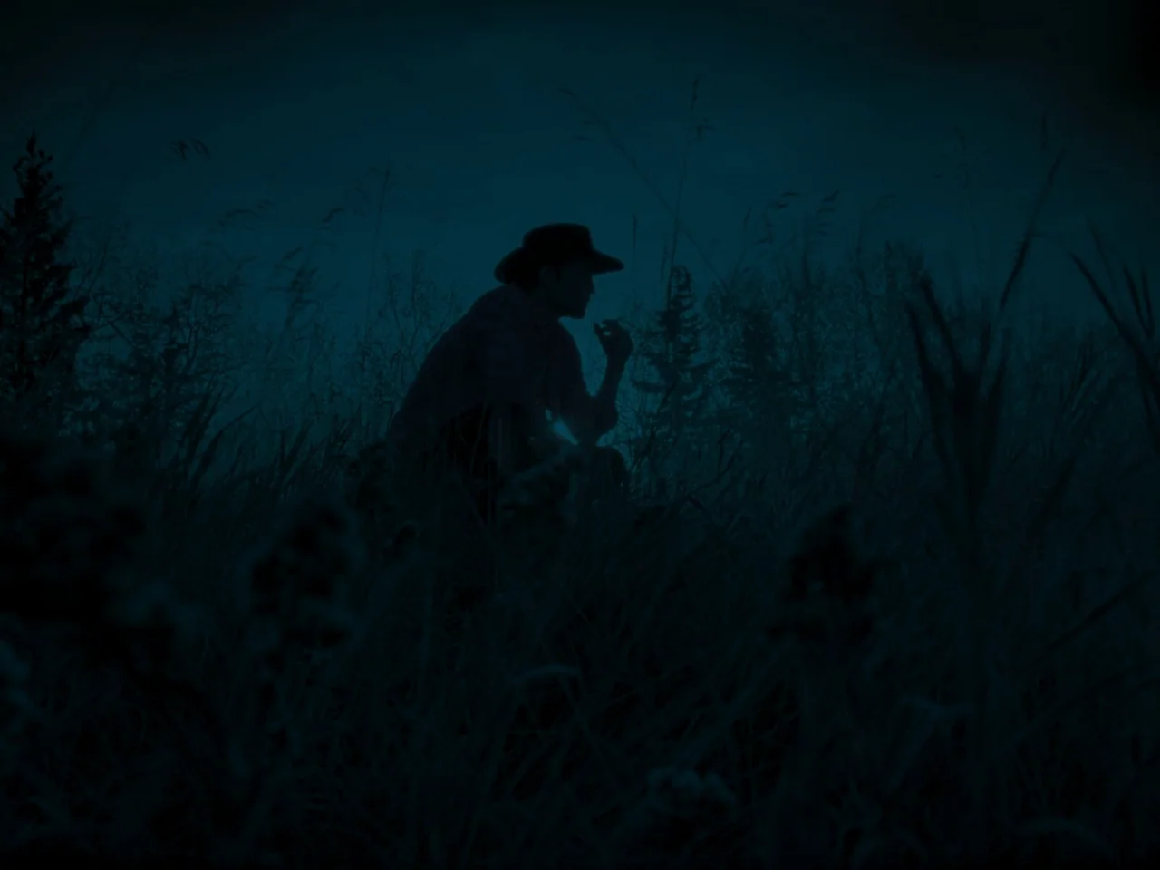 Die My Love (2025) movie still: wide — A dark field filled with tall, dry grass under a deep blue night sky. A man wearing a hat sits low in the…