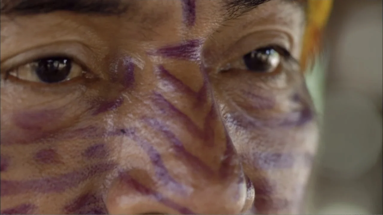 Aliens Inside Us (2013) movie still: closeup — A dense forest environment serves as the backdrop for a close-up portrait. An adult male with purple…