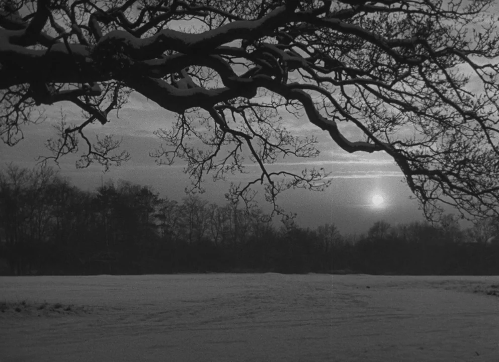 Dead of Night (1945) movie still: establishing — A snow-covered field under a dim winter sun with dark tree limbs above. Thick clouds layer the…