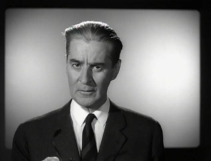 The Devil’s Eye (1960) movie still: closeup — A man in a formal suit stands centered against a bright, uniform studio background. He faces the…