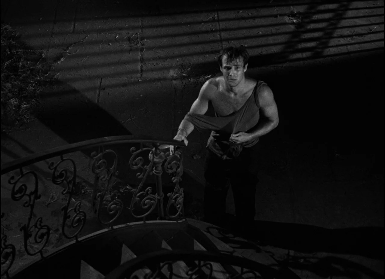 A Streetcar Named Desire (1951) movie still: medium — A dark outdoor setting features a wrought iron staircase illuminated by harsh overhead light.…