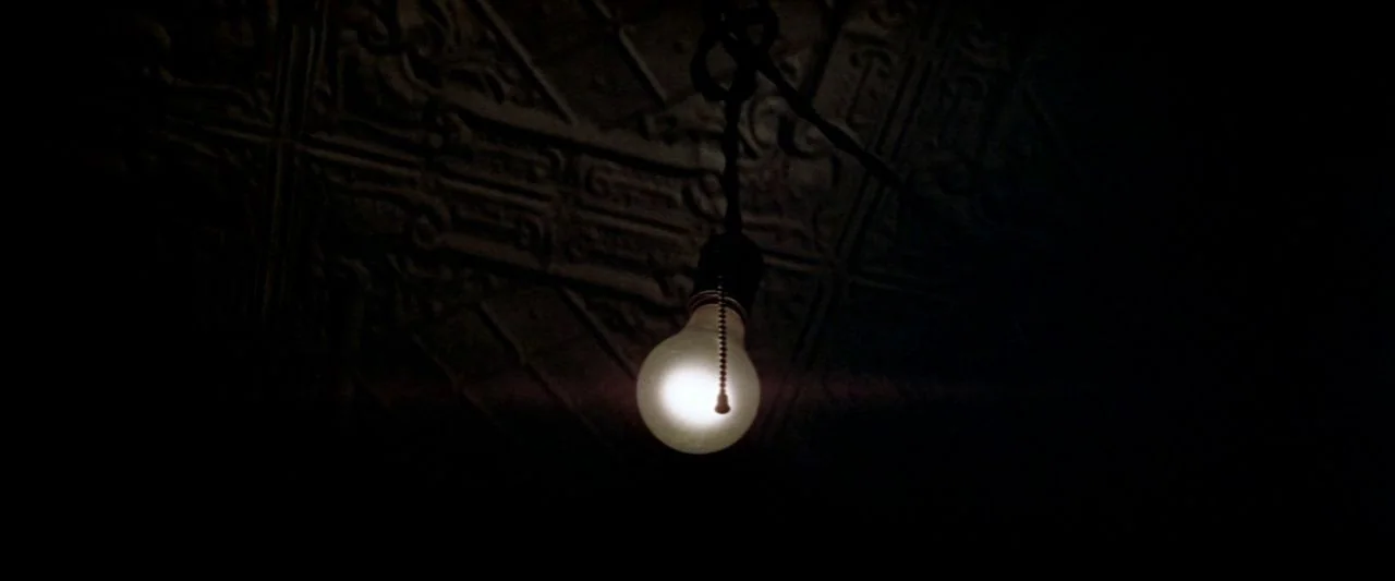 Soylent Green (1973) movie still: closeup — A single bare light bulb hangs from a dark, ornate tin-paneled ceiling. The illuminated bulb provides…