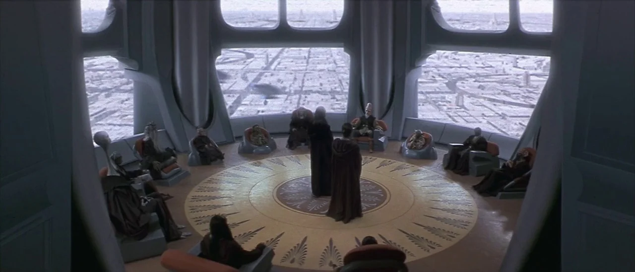 Star Wars: Episode I – The Phantom Menace (1999) movie still: wide — A high-tech circular room with vast windows overlooks a sprawling futuristic…